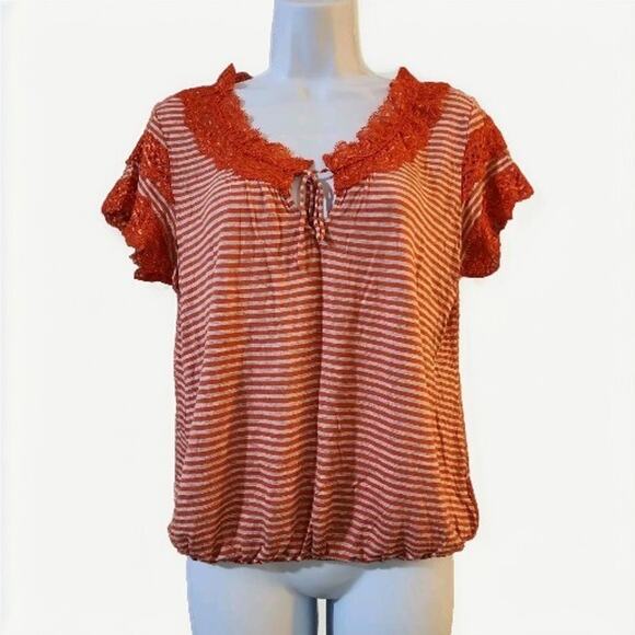Selena Gomez Tops - Dream Out Loud Selena Gomez Womens Top Size L Orange Gray Striped Lace Tee